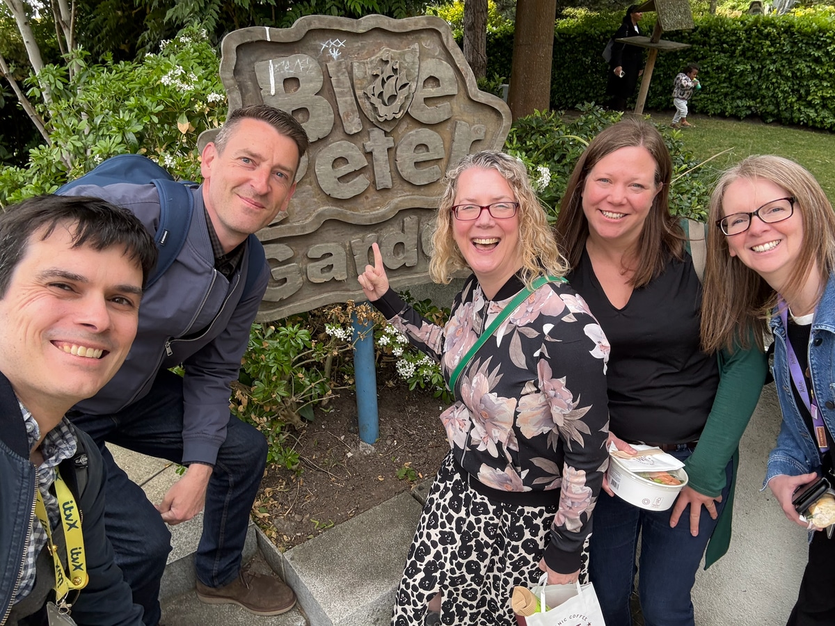 Hayley with colleagues next to eh Blue Peter Garden sign in Media City Hayley with colleagues next to eh Blue Peter Garden sign in Media City